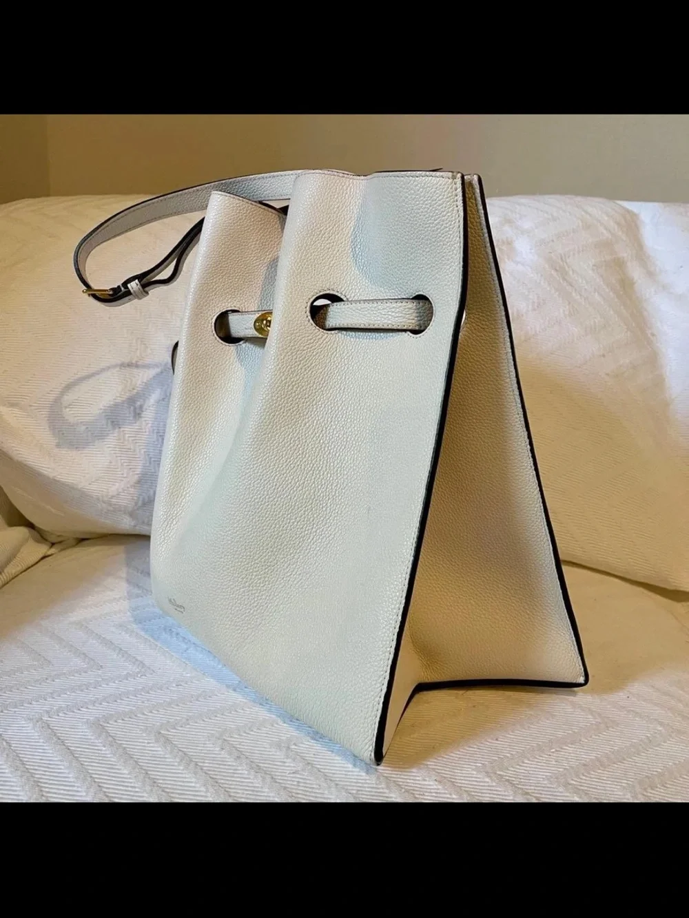 Mulberry Cream Leather Drawstring Tote with Gold-Tone Lock
